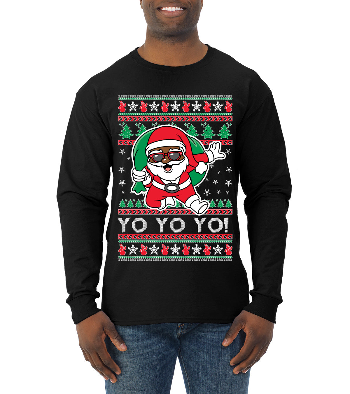 Yo Yo Yo Black Santa, Christmas Gifts, Funny Xmas Gift Idea, Ugly Christmas  Mens Long Sleeve Shirt