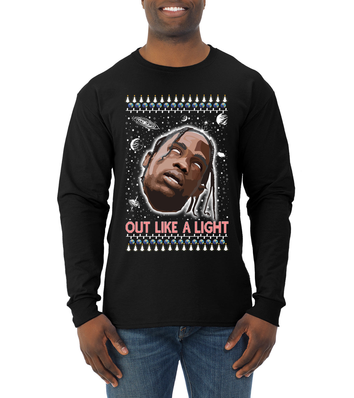 Out Like a Light, Christmas Gifts, Funny Xmas Gift Idea, Ugly Christmas Sweater Mens Long Sleeve Shirt