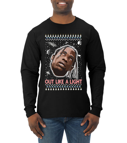 Out Like a Light, Christmas Gifts, Funny Xmas Gift Idea, Ugly Christmas Sweater Mens Long Sleeve Shirt