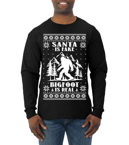 Santa Is Fake Bigfoot Is Real ,Christmas Gifts, Funny Xmas Gift Idea, Ugly Christmas Sweater Mens Long Sleeve Shirt