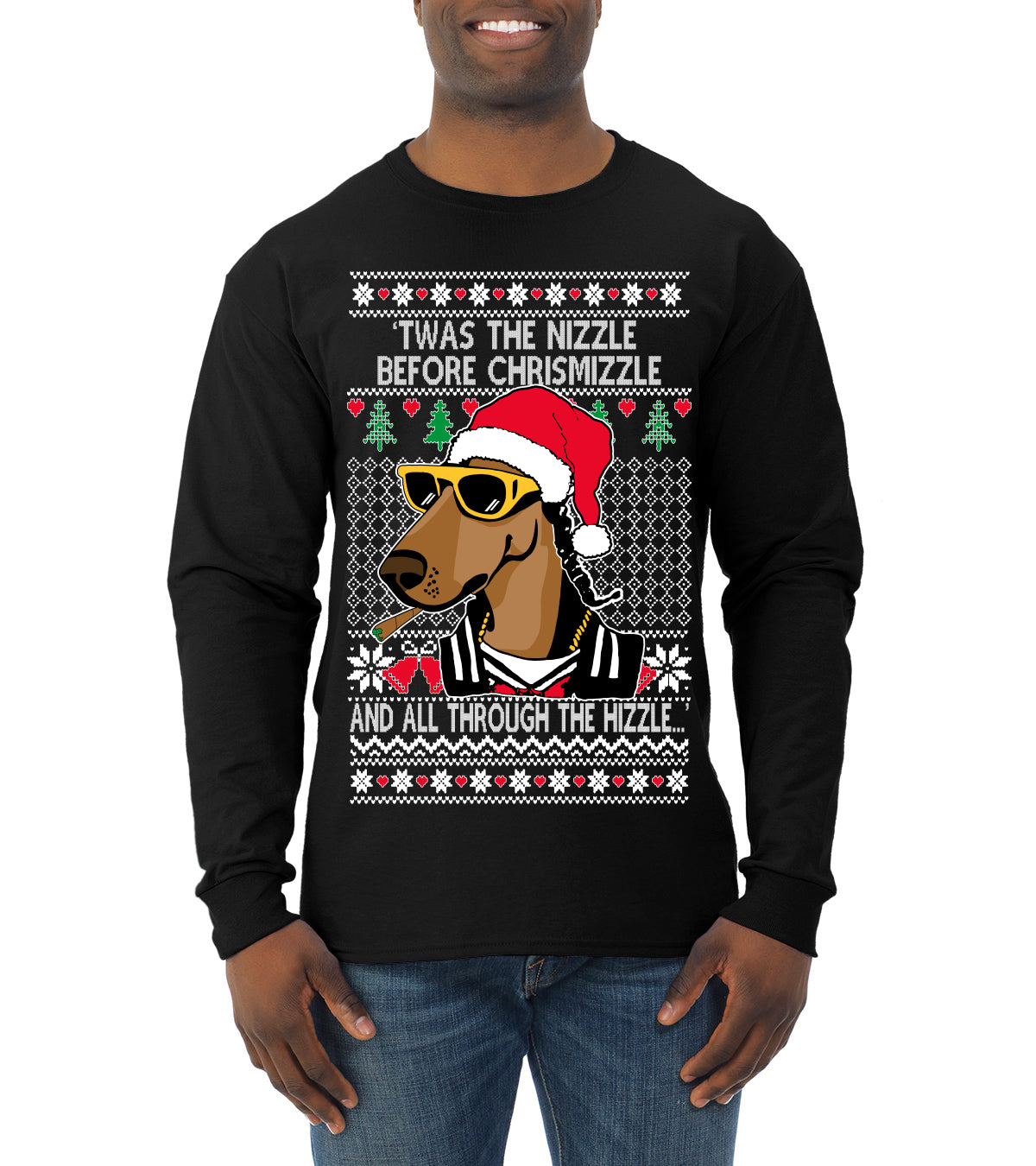Twas The Nizzle Before Chrismizzle Gangster Dogg Rapper, Christmas Gifts, Funny Xmas Gift Idea, Ugly Christmas Sweater Mens Long Sleeve Shirt