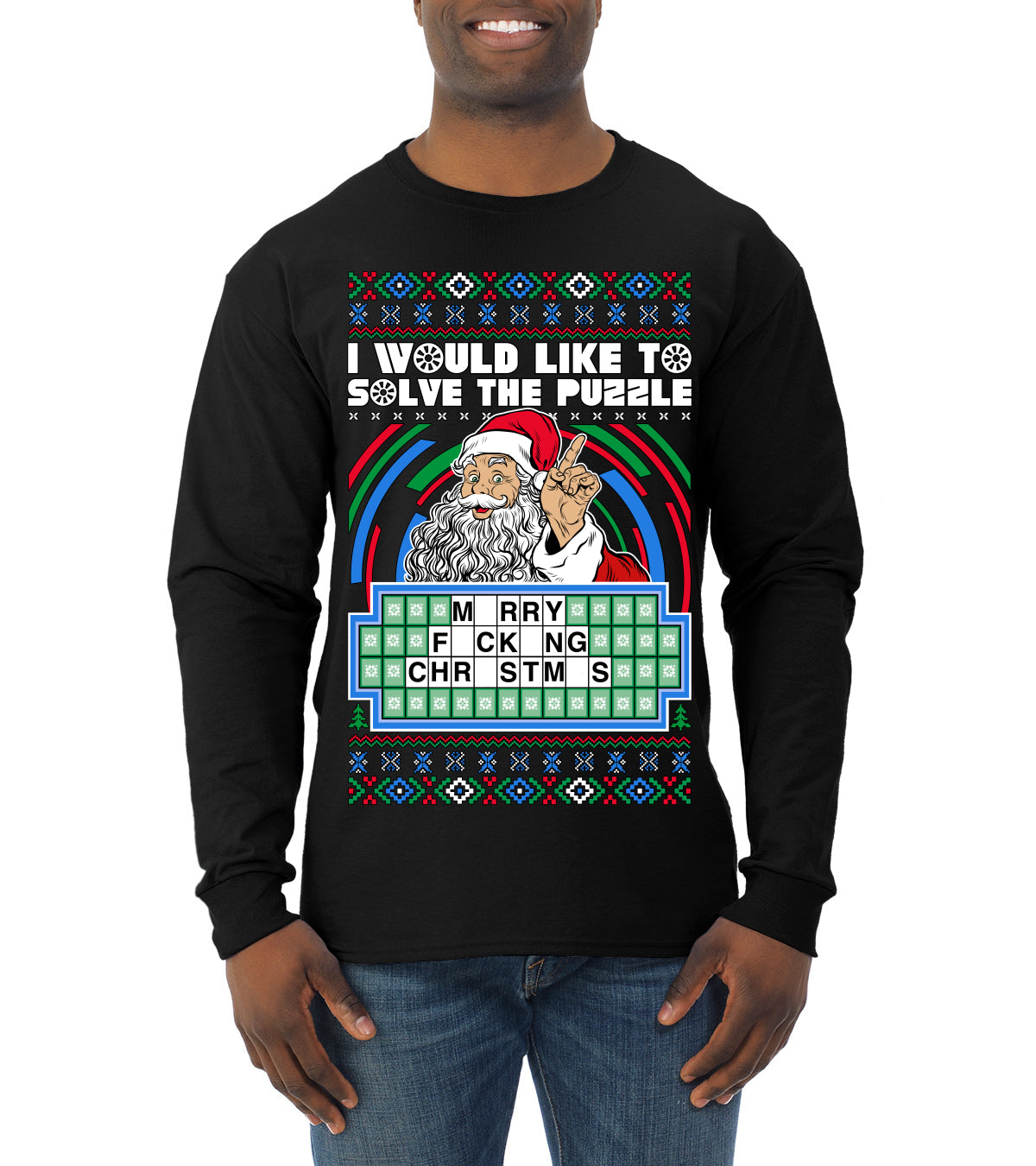 Santa Game Show I'd Like To Solve the Puzzle Wheel Ugly Christmas Sweater, Christmas Gifts, Funny Xmas Gift Idea, Mens Long Sleeve Shirt