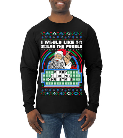 Santa Game Show I'd Like To Solve the Puzzle Wheel Ugly Christmas Sweater, Christmas Gifts, Funny Xmas Gift Idea, Mens Long Sleeve Shirt
