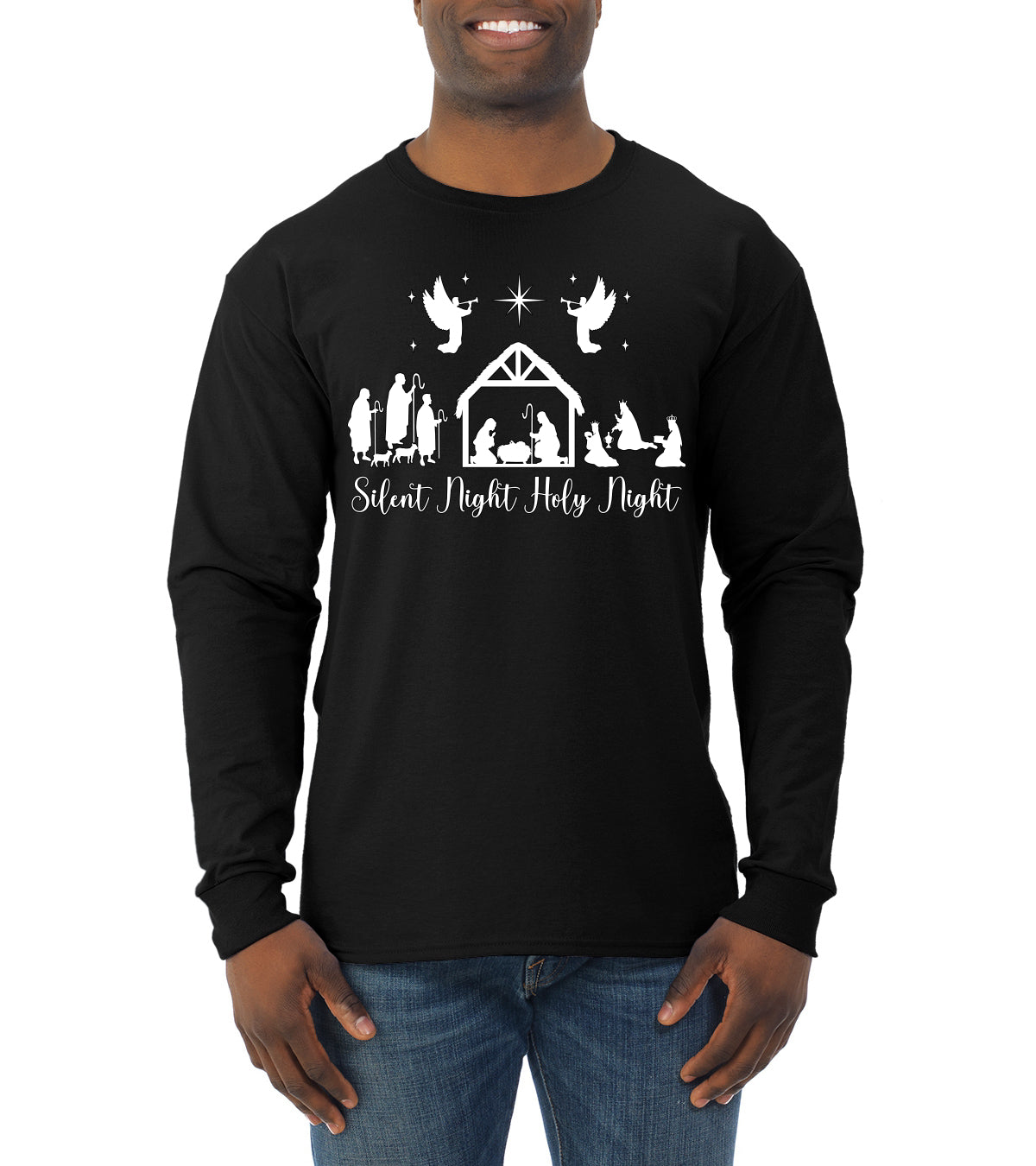 Silent Night Holy Night Religious Jesus Ugly Christmas Sweater, Christmas Gifts, Funny Xmas Gift Idea, Mens Long Sleeve Shirt