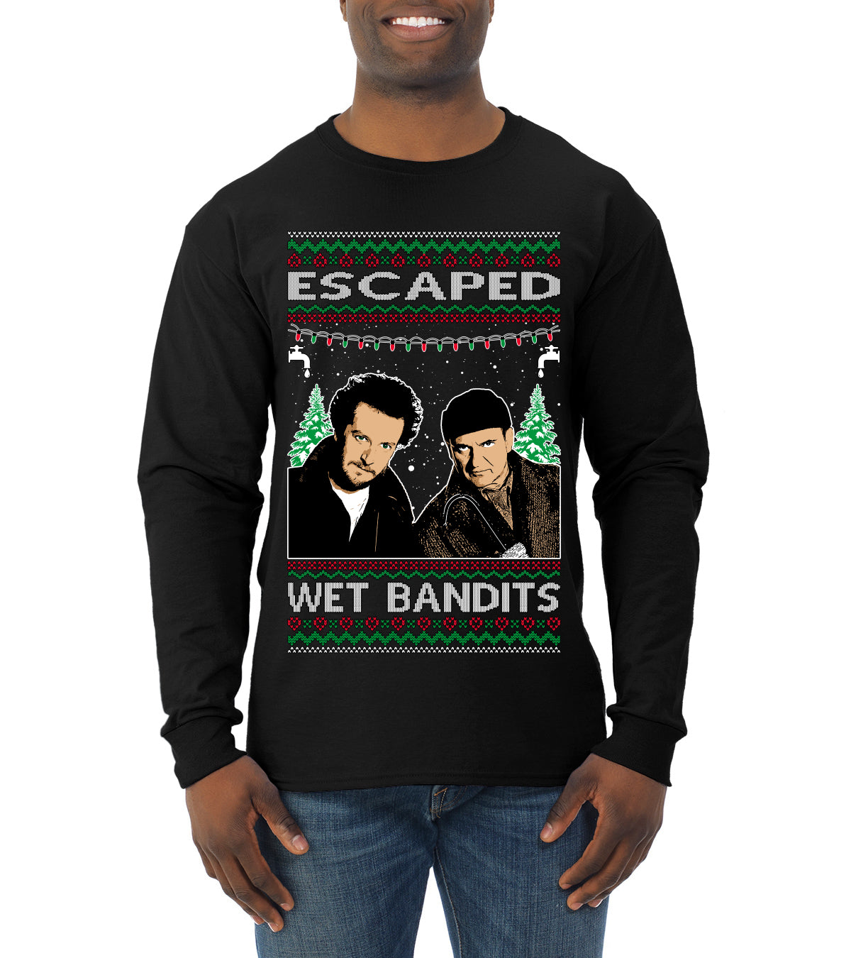 Escaped Bandits Classic Home Holiday Movie, Christmas Gifts, Funny Xmas Gift Idea, Ugly Christmas Sweater Mens Long Sleeve Shirt
