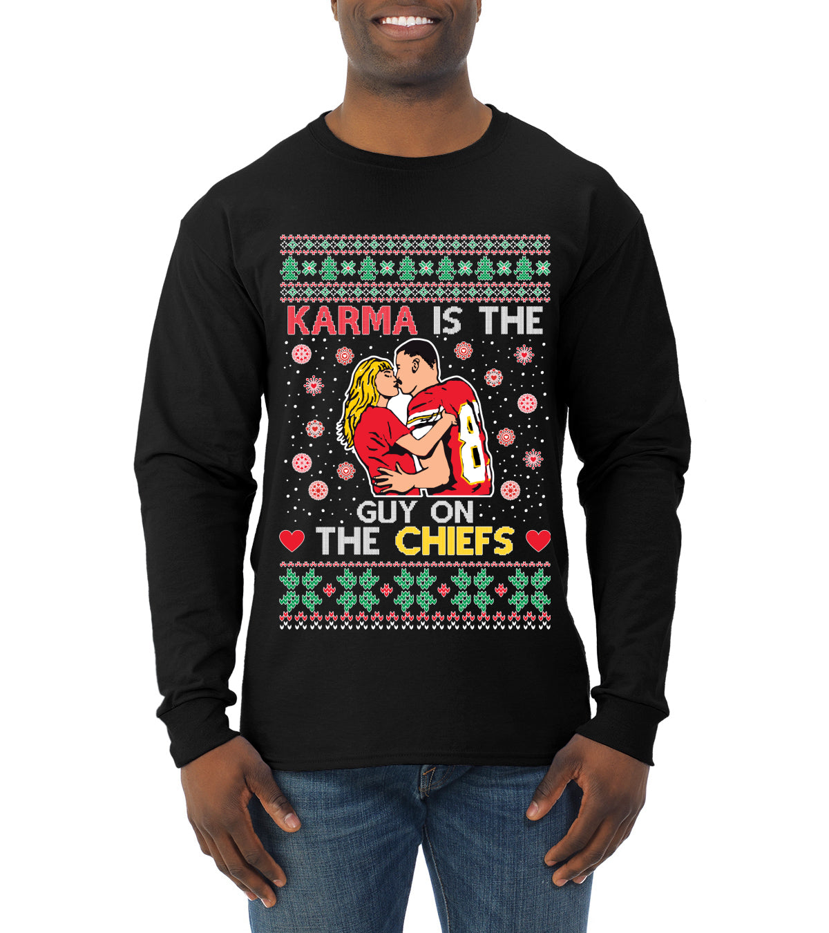 Karma is the Guy on the Football Team, Christmas Gifts, Funny Xmas Gift Idea, Ugly Christmas  Mens Long Sleeve Shirt