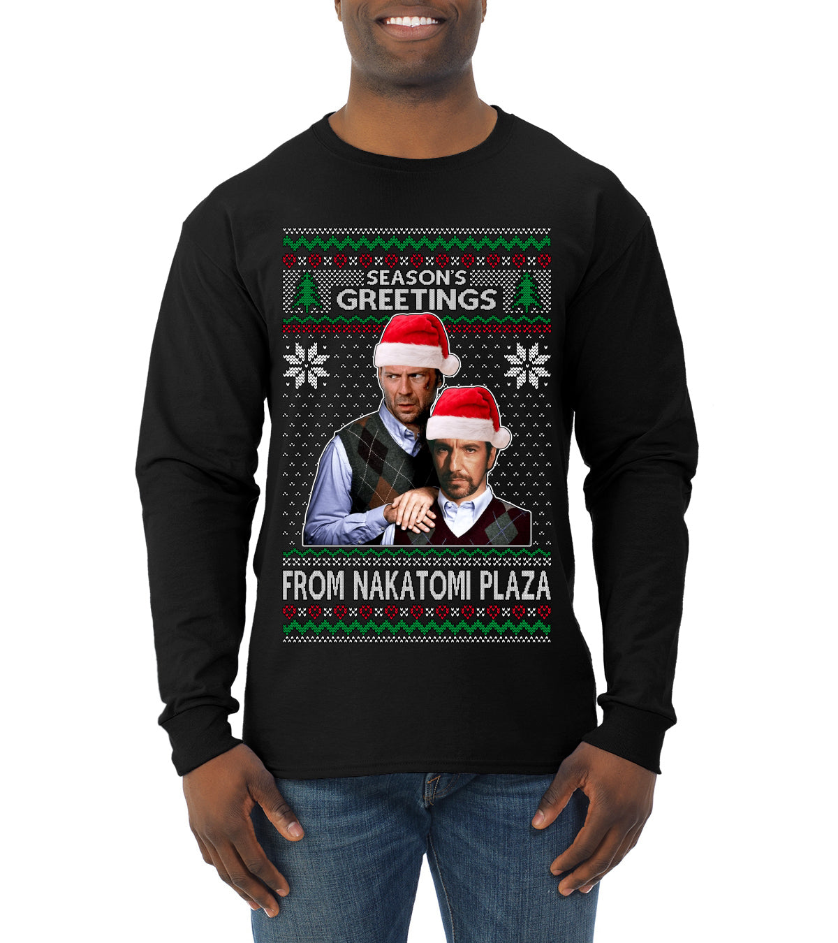 Nakatomi Plaza  Season's Greeting,  Christmas Gifts, Funny Xmas Gift Idea, Ugly Christmas Sweater Mens Long Sleeve Shirt