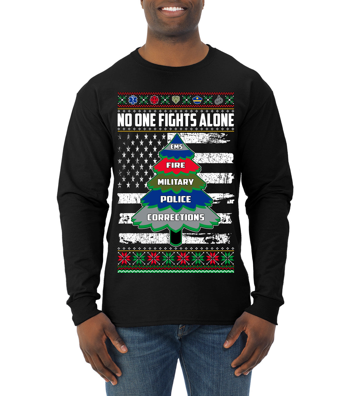 No One Fights Alone, The Heroes,  Christmas Gifts, Funny Xmas Gift Idea, Ugly Christmas Sweater Mens Long Sleeve Shirt