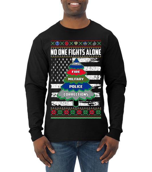 No One Fights Alone, The Heroes,  Christmas Gifts, Funny Xmas Gift Idea, Ugly Christmas Sweater Mens Long Sleeve Shirt