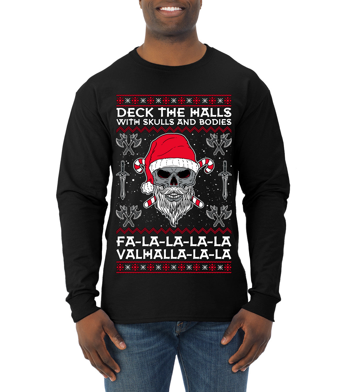 Valhalla Deck The Halls With Skulls & Bodies Movie Xmas Shirt, Christmas Gifts, Funny Xmas Gift Idea, Ugly Christmas Sweater Mens Long Sleeve Shirt