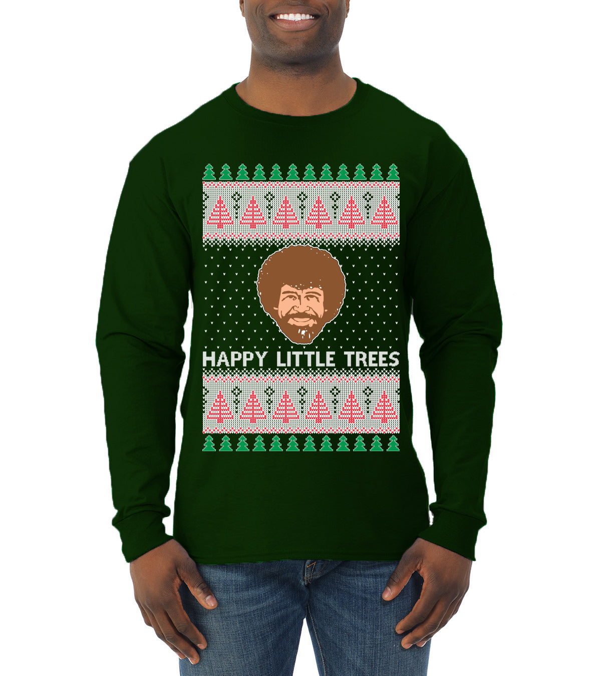 Bob Happy Little Trees Ross Painter, Christmas Gifts, Funny Xmas Gift Idea, Ugly Christmas  Mens Long Sleeve Shirt
