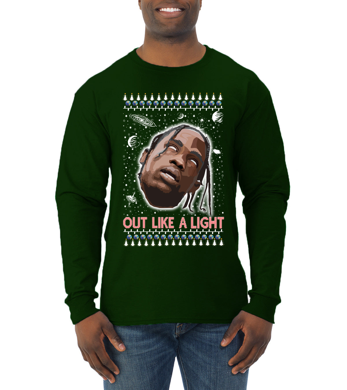 Out Like a Light, Christmas Gifts, Funny Xmas Gift Idea, Ugly Christmas Sweater Mens Long Sleeve Shirt