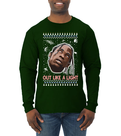 Out Like a Light, Christmas Gifts, Funny Xmas Gift Idea, Ugly Christmas Sweater Mens Long Sleeve Shirt