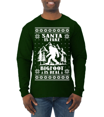 Santa Is Fake Bigfoot Is Real ,Christmas Gifts, Funny Xmas Gift Idea, Ugly Christmas Sweater Mens Long Sleeve Shirt
