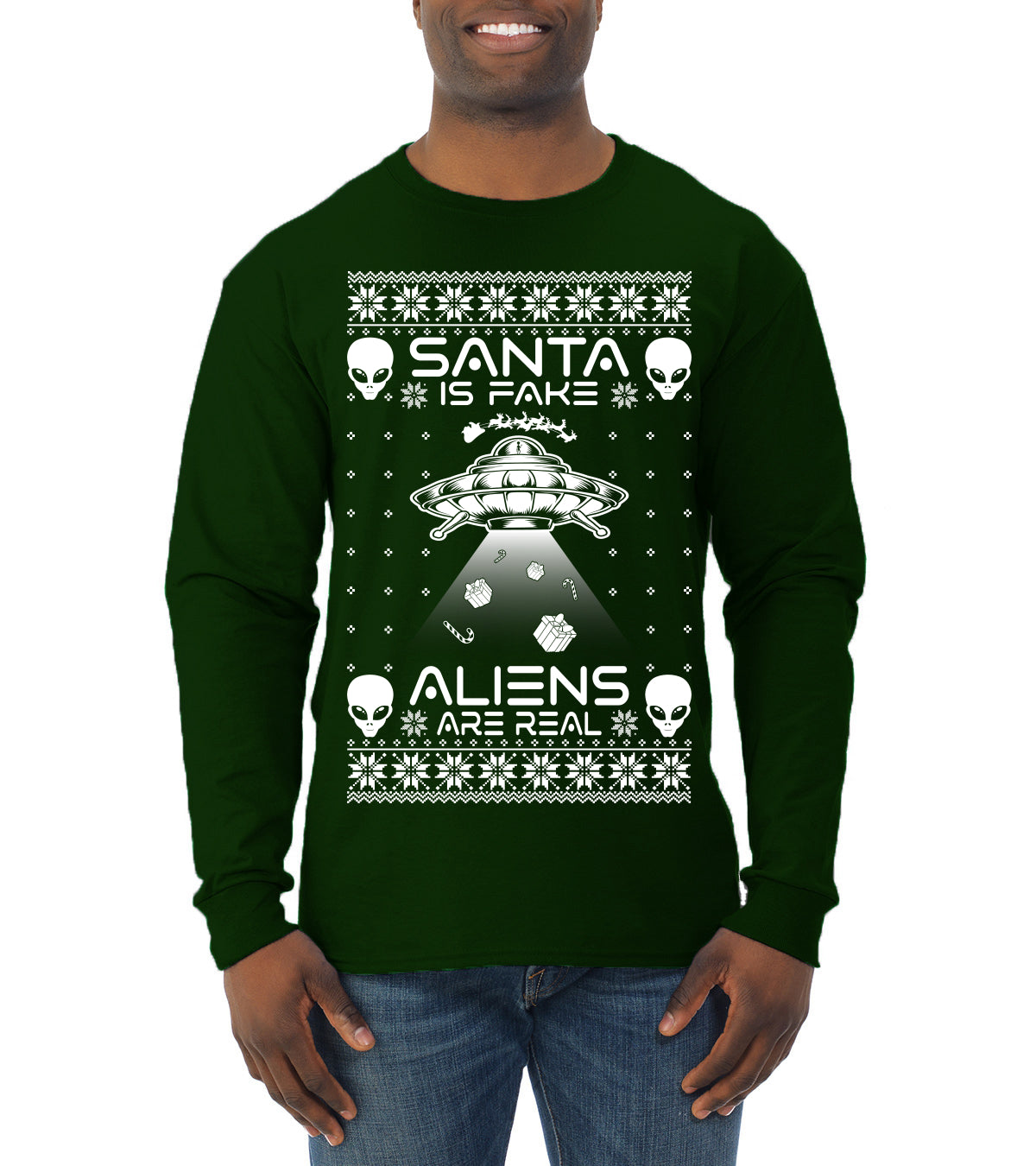Santa Is Fake Aliens Are Real ,Christmas Gifts, Funny Xmas Gift Idea, Ugly Christmas Sweater Mens Long Sleeve Shirt