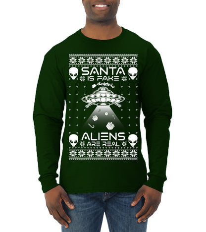 Santa Is Fake Aliens Are Real ,Christmas Gifts, Funny Xmas Gift Idea, Ugly Christmas Sweater Mens Long Sleeve Shirt