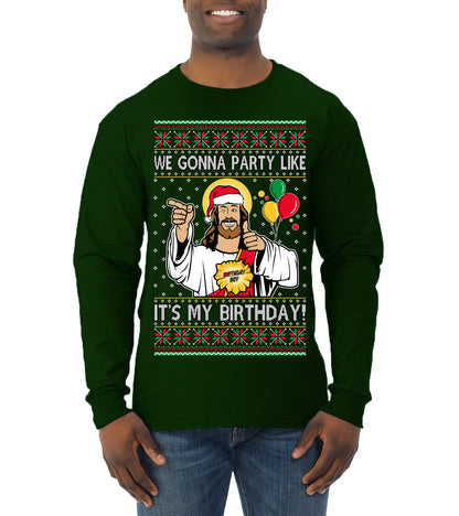 Gonna Party Like It's My Birthday Jesus, Christmas Gifts, Funny Xmas Gift Idea, Ugly Christmas Sweater Mens Long Sleeve Shirt