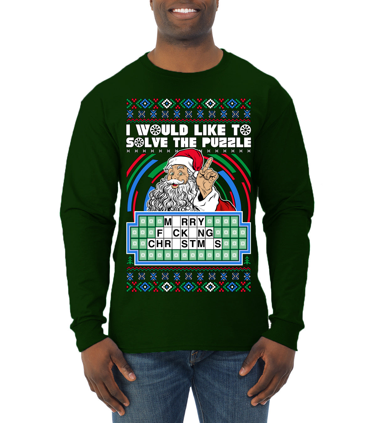 Santa Game Show I'd Like To Solve the Puzzle Wheel Ugly Christmas Sweater, Christmas Gifts, Funny Xmas Gift Idea, Mens Long Sleeve Shirt