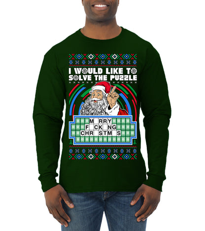 Santa Game Show I'd Like To Solve the Puzzle Wheel Ugly Christmas Sweater, Christmas Gifts, Funny Xmas Gift Idea, Mens Long Sleeve Shirt