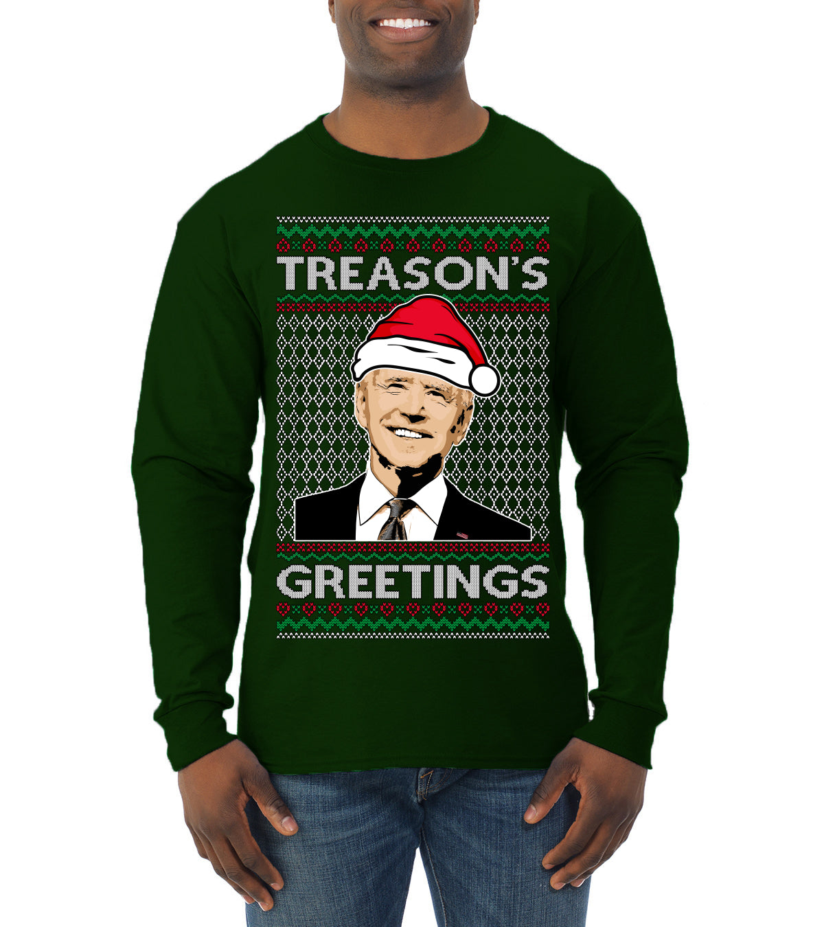 Treason's Greetings Biden President Humor Ugly Christmas Sweater, Christmas Gifts, Funny Xmas Gift Idea, Mens Long Sleeve Shirt