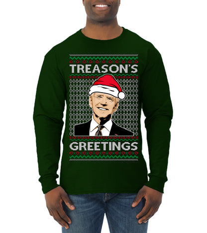 Treason's Greetings Biden President Humor Ugly Christmas Sweater, Christmas Gifts, Funny Xmas Gift Idea, Mens Long Sleeve Shirt