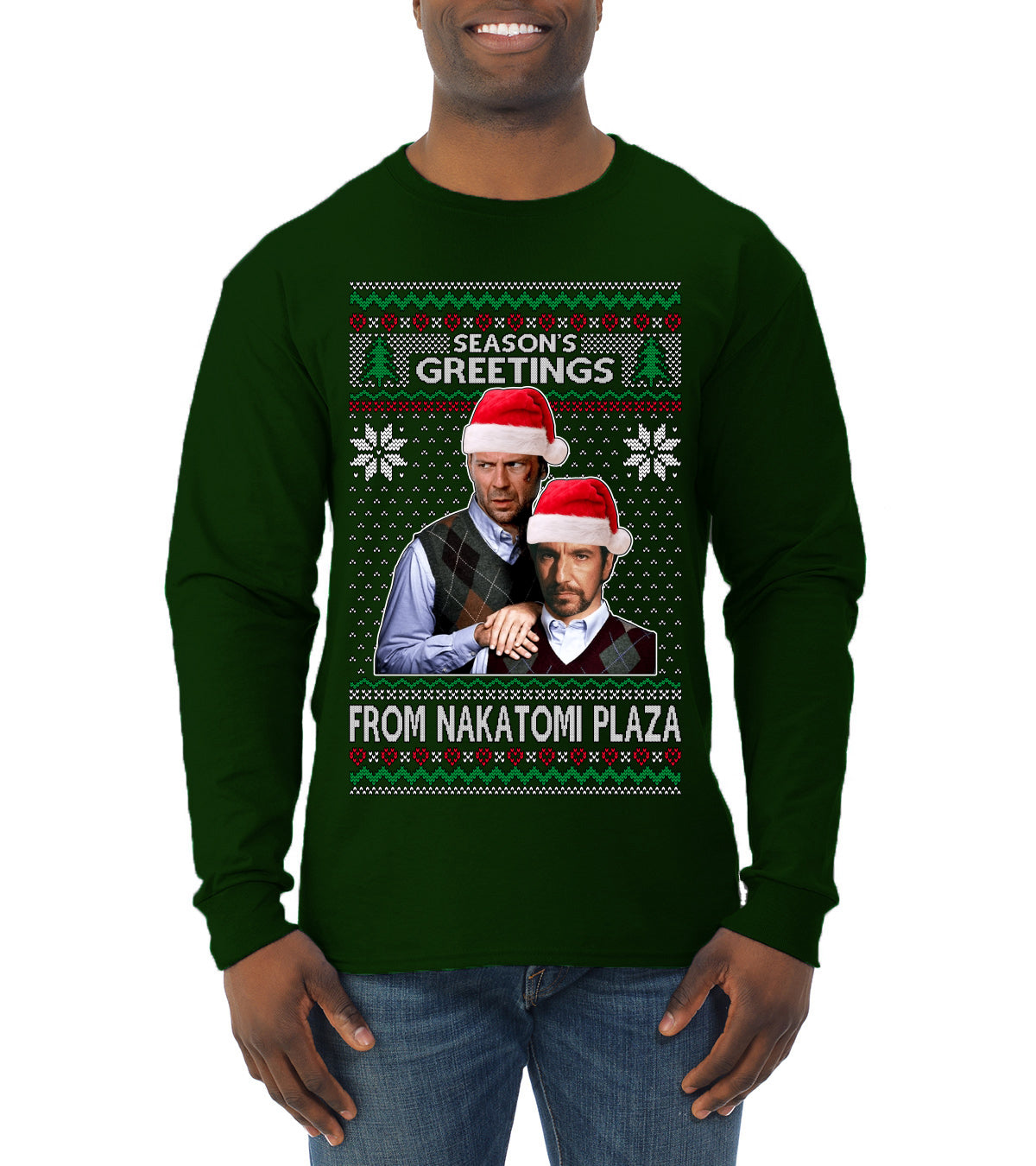 Nakatomi Plaza  Season's Greeting,  Christmas Gifts, Funny Xmas Gift Idea, Ugly Christmas Sweater Mens Long Sleeve Shirt