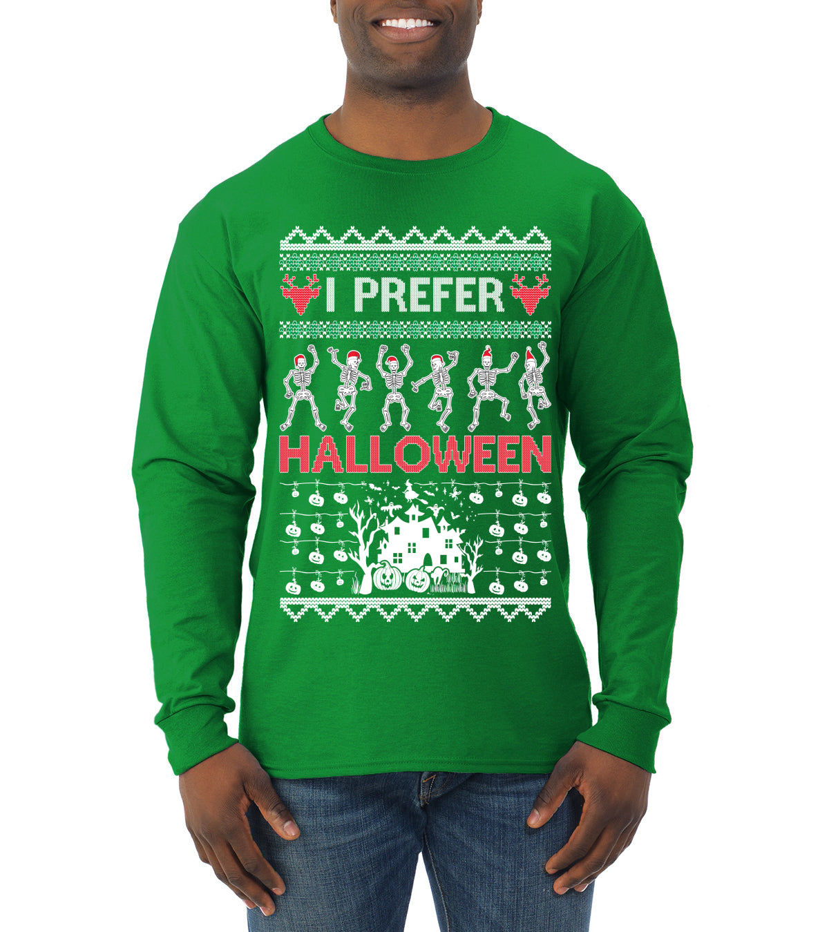 I Prefer Halloween Dancing Skeletons, Xmas Dancers, Christmas Gifts, Funny Xmas Gift Idea, Ugly Christmas  Mens Long Sleeve Shirt