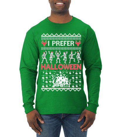 I Prefer Halloween Dancing Skeletons, Xmas Dancers, Christmas Gifts, Funny Xmas Gift Idea, Ugly Christmas  Mens Long Sleeve Shirt