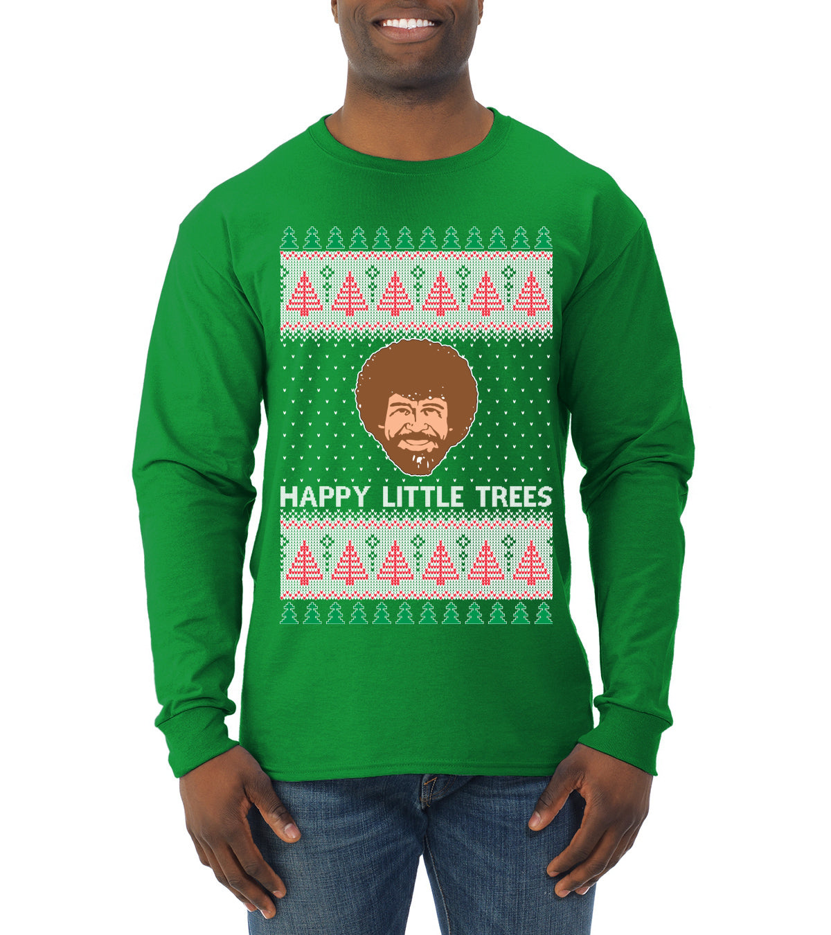 Bob Happy Little Trees Ross Painter, Christmas Gifts, Funny Xmas Gift Idea, Ugly Christmas  Mens Long Sleeve Shirt