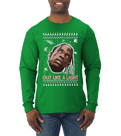 Out Like a Light, Christmas Gifts, Funny Xmas Gift Idea, Ugly Christmas Sweater Mens Long Sleeve Shirt