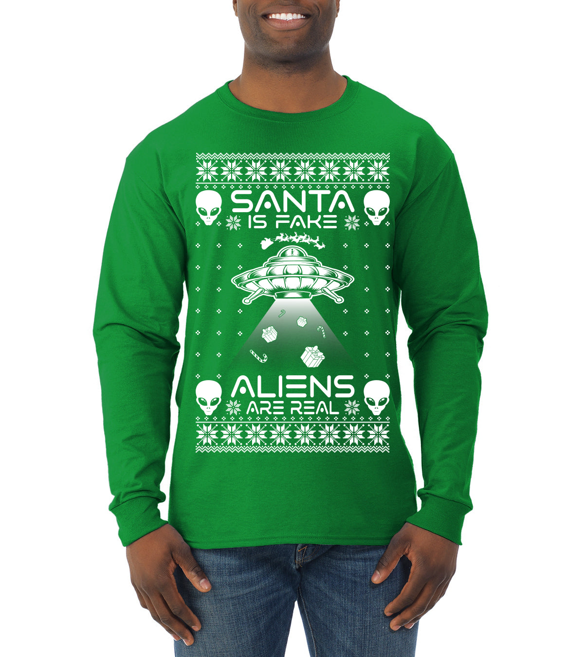 Santa Is Fake Aliens Are Real ,Christmas Gifts, Funny Xmas Gift Idea, Ugly Christmas Sweater Mens Long Sleeve Shirt