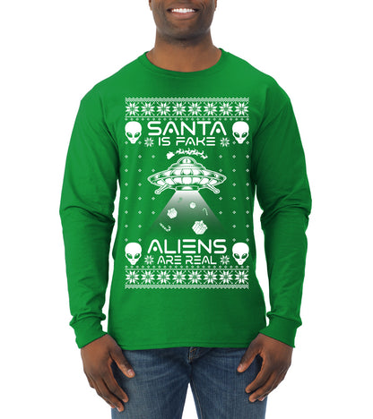 Santa Is Fake Aliens Are Real ,Christmas Gifts, Funny Xmas Gift Idea, Ugly Christmas Sweater Mens Long Sleeve Shirt