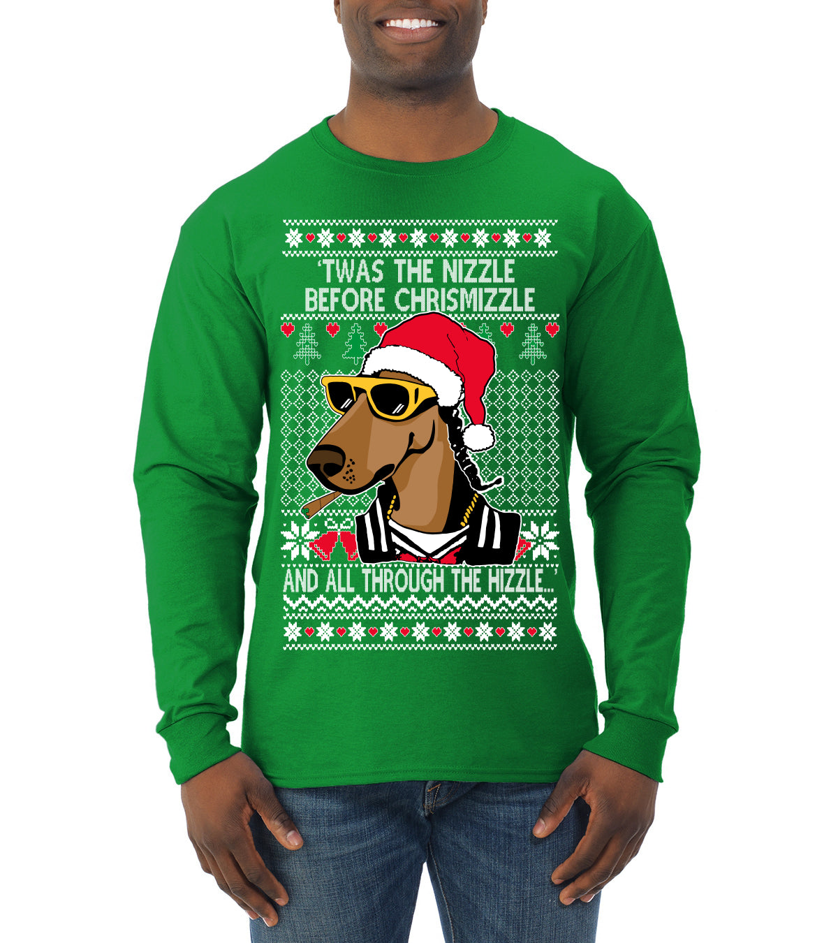 Twas The Nizzle Before Chrismizzle Gangster Dogg Rapper, Christmas Gifts, Funny Xmas Gift Idea, Ugly Christmas Sweater Mens Long Sleeve Shirt