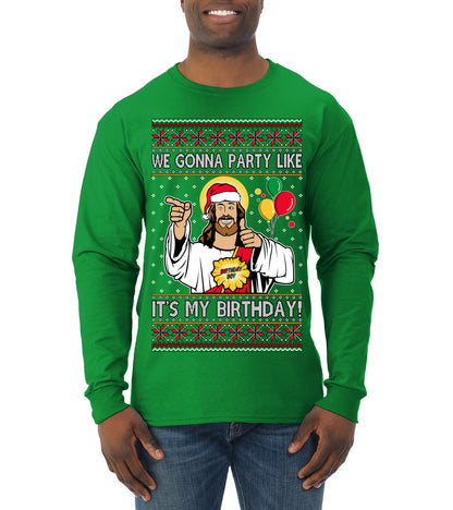 Gonna Party Like It's My Birthday Jesus, Christmas Gifts, Funny Xmas Gift Idea, Ugly Christmas Sweater Mens Long Sleeve Shirt