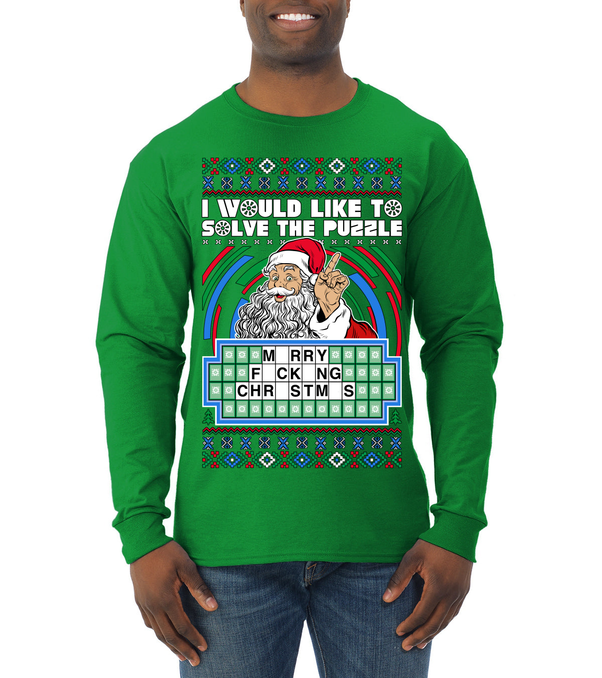 Santa Game Show I'd Like To Solve the Puzzle Wheel Ugly Christmas Sweater, Christmas Gifts, Funny Xmas Gift Idea, Mens Long Sleeve Shirt