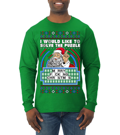 Santa Game Show I'd Like To Solve the Puzzle Wheel Ugly Christmas Sweater, Christmas Gifts, Funny Xmas Gift Idea, Mens Long Sleeve Shirt