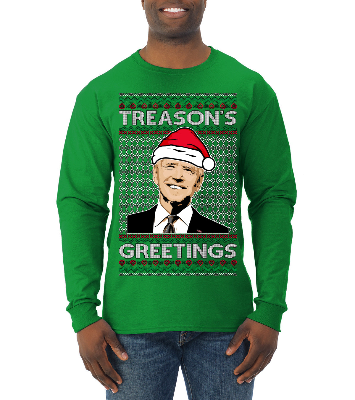 Treason's Greetings Biden President Humor Ugly Christmas Sweater, Christmas Gifts, Funny Xmas Gift Idea, Mens Long Sleeve Shirt