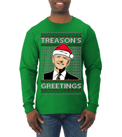 Treason's Greetings Biden President Humor Ugly Christmas Sweater, Christmas Gifts, Funny Xmas Gift Idea, Mens Long Sleeve Shirt