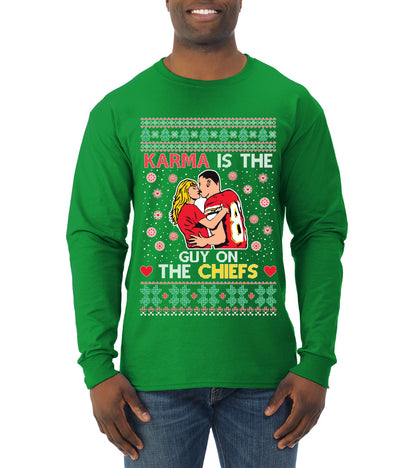 Karma is the Guy on the Football Team, Christmas Gifts, Funny Xmas Gift Idea, Ugly Christmas  Mens Long Sleeve Shirt