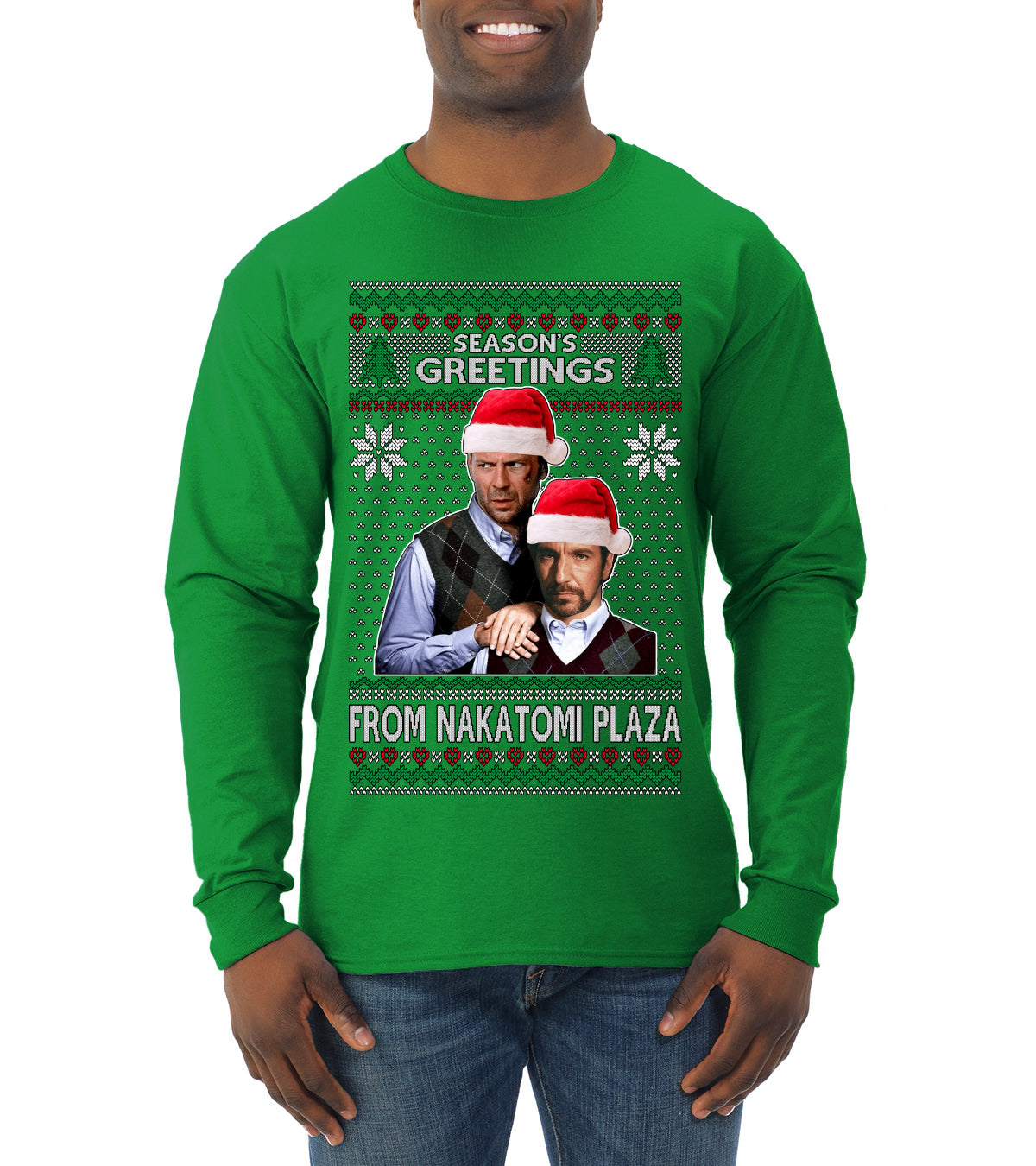 Nakatomi Plaza  Season's Greeting,  Christmas Gifts, Funny Xmas Gift Idea, Ugly Christmas Sweater Mens Long Sleeve Shirt
