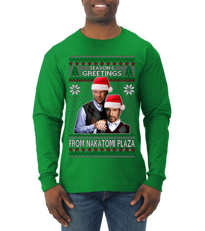 Nakatomi Plaza  Season's Greeting,  Christmas Gifts, Funny Xmas Gift Idea, Ugly Christmas Sweater Mens Long Sleeve Shirt