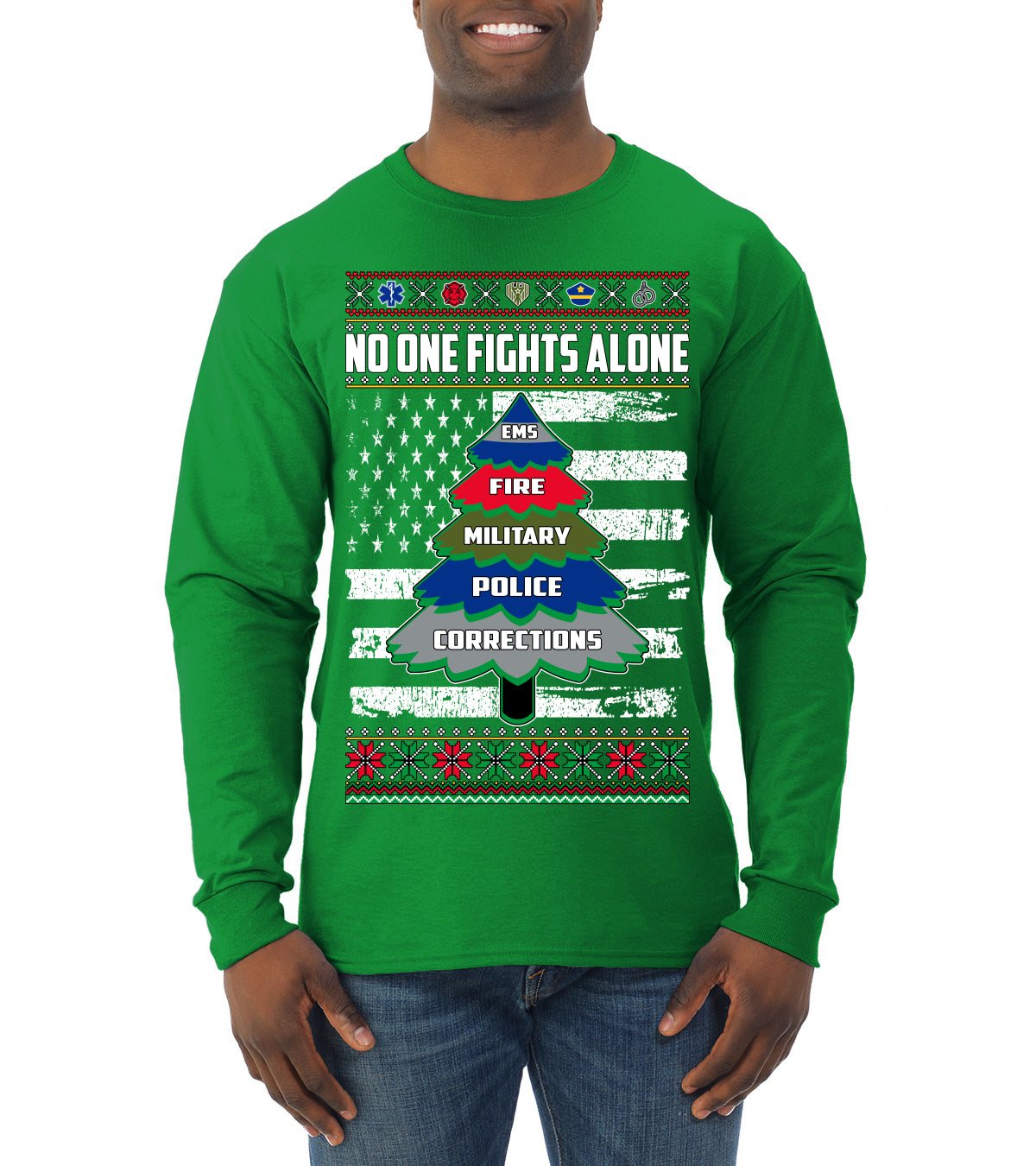No One Fights Alone, The Heroes,  Christmas Gifts, Funny Xmas Gift Idea, Ugly Christmas Sweater Mens Long Sleeve Shirt