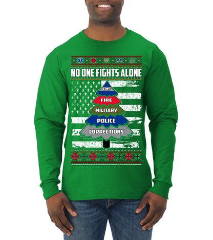No One Fights Alone, The Heroes,  Christmas Gifts, Funny Xmas Gift Idea, Ugly Christmas Sweater Mens Long Sleeve Shirt