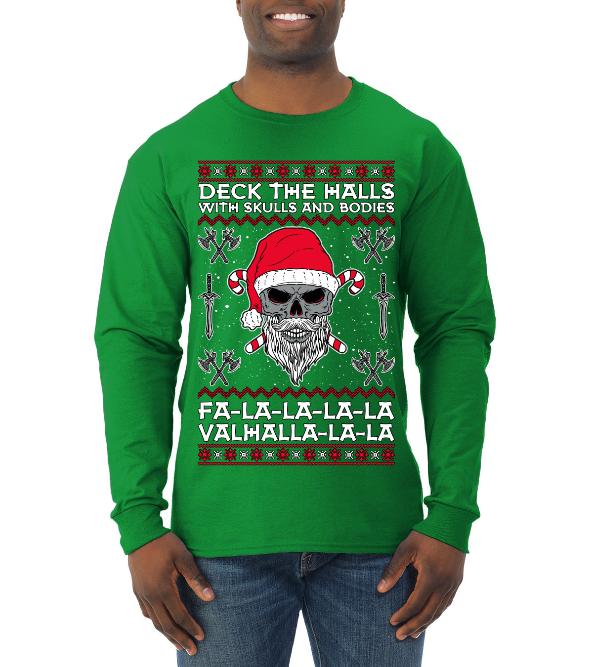Valhalla Deck The Halls With Skulls & Bodies Movie Xmas Shirt, Christmas Gifts, Funny Xmas Gift Idea, Ugly Christmas Sweater Mens Long Sleeve Shirt