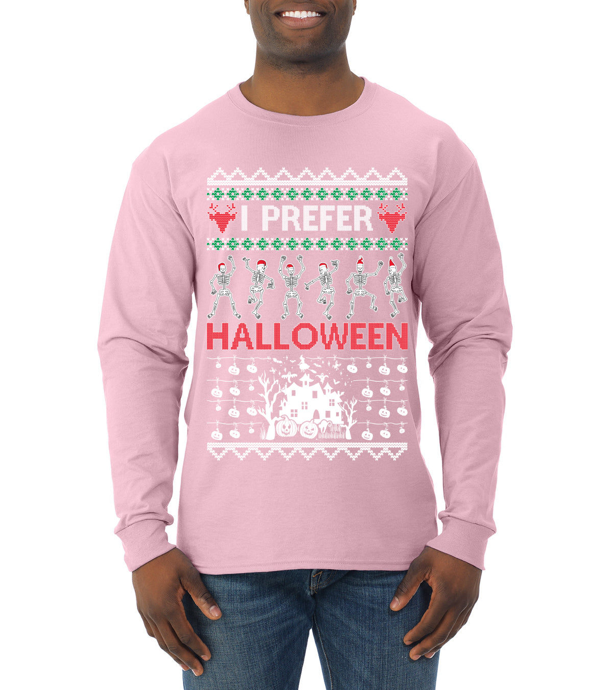 I Prefer Halloween Dancing Skeletons, Xmas Dancers, Christmas Gifts, Funny Xmas Gift Idea, Ugly Christmas  Mens Long Sleeve Shirt