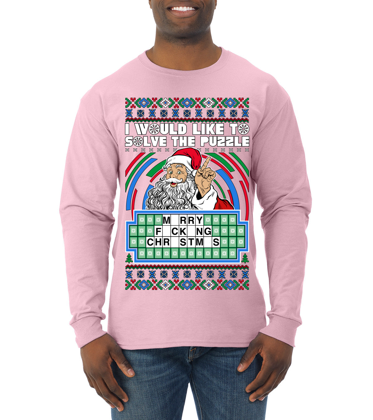 Santa Game Show I'd Like To Solve the Puzzle Wheel Ugly Christmas Sweater, Christmas Gifts, Funny Xmas Gift Idea, Mens Long Sleeve Shirt