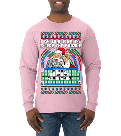 Santa Game Show I'd Like To Solve the Puzzle Wheel Ugly Christmas Sweater, Christmas Gifts, Funny Xmas Gift Idea, Mens Long Sleeve Shirt