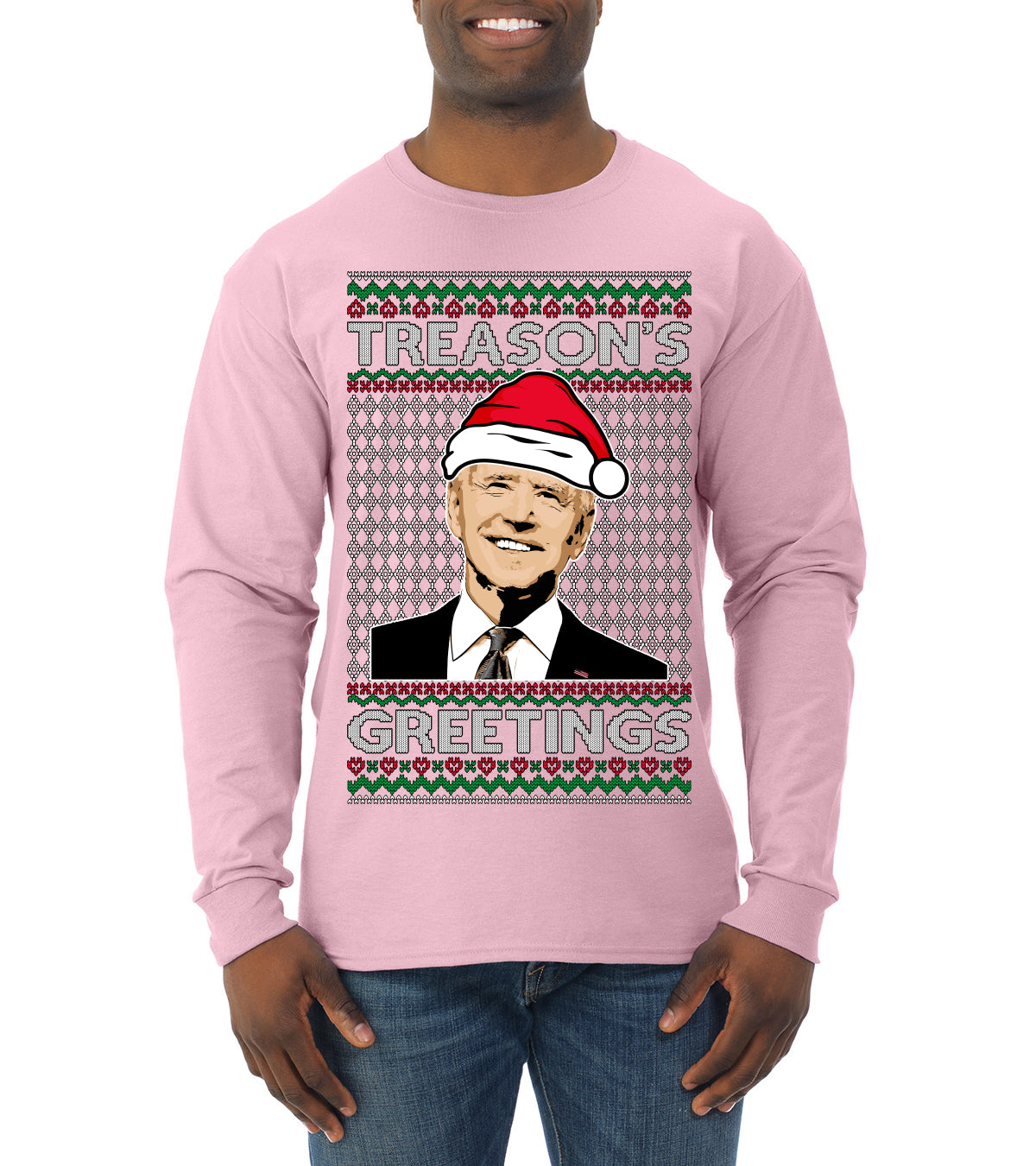 Treason's Greetings Biden President Humor Ugly Christmas Sweater, Christmas Gifts, Funny Xmas Gift Idea, Mens Long Sleeve Shirt
