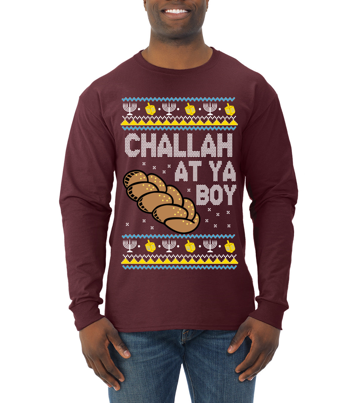 Challah At Ya Boy, Hanukkah Christmas Gifts, Funny Xmas Gift Idea, Ugly Christmas  Mens Long Sleeve Shirt
