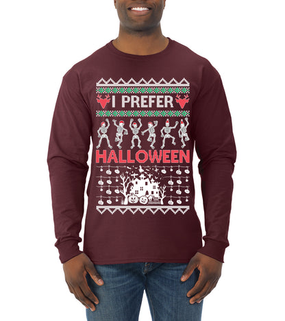 I Prefer Halloween Dancing Skeletons, Xmas Dancers, Christmas Gifts, Funny Xmas Gift Idea, Ugly Christmas  Mens Long Sleeve Shirt